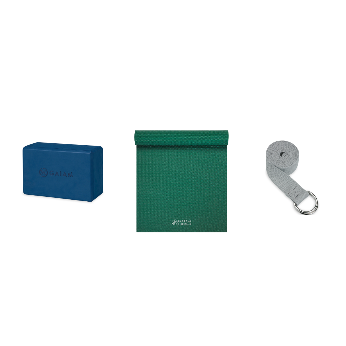 Yoga Bundle - Block (Indigo Ink), Mat (Green), Strap (Grey)