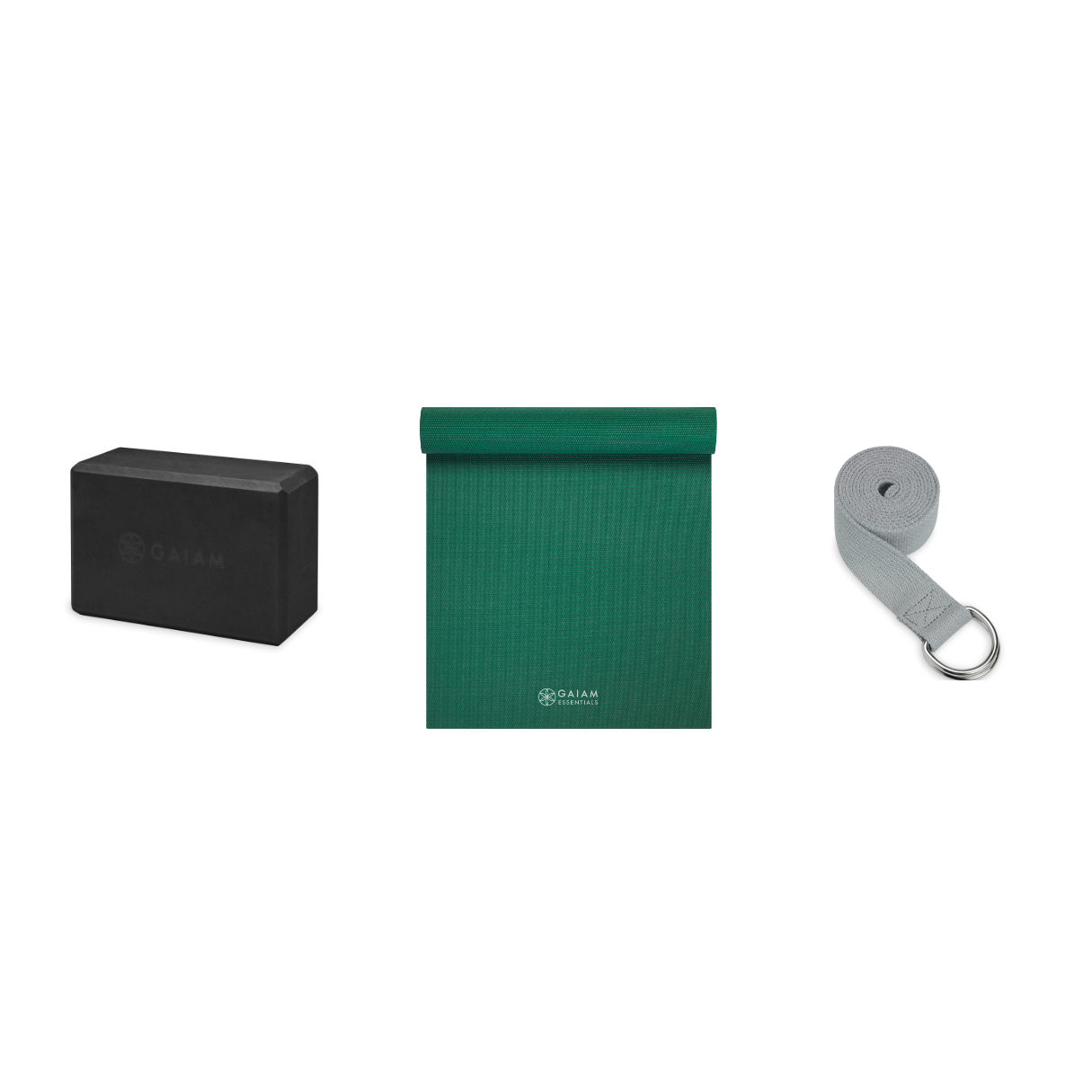 Yoga Bundle - Block (Black), Mat (Green), Strap (Grey)