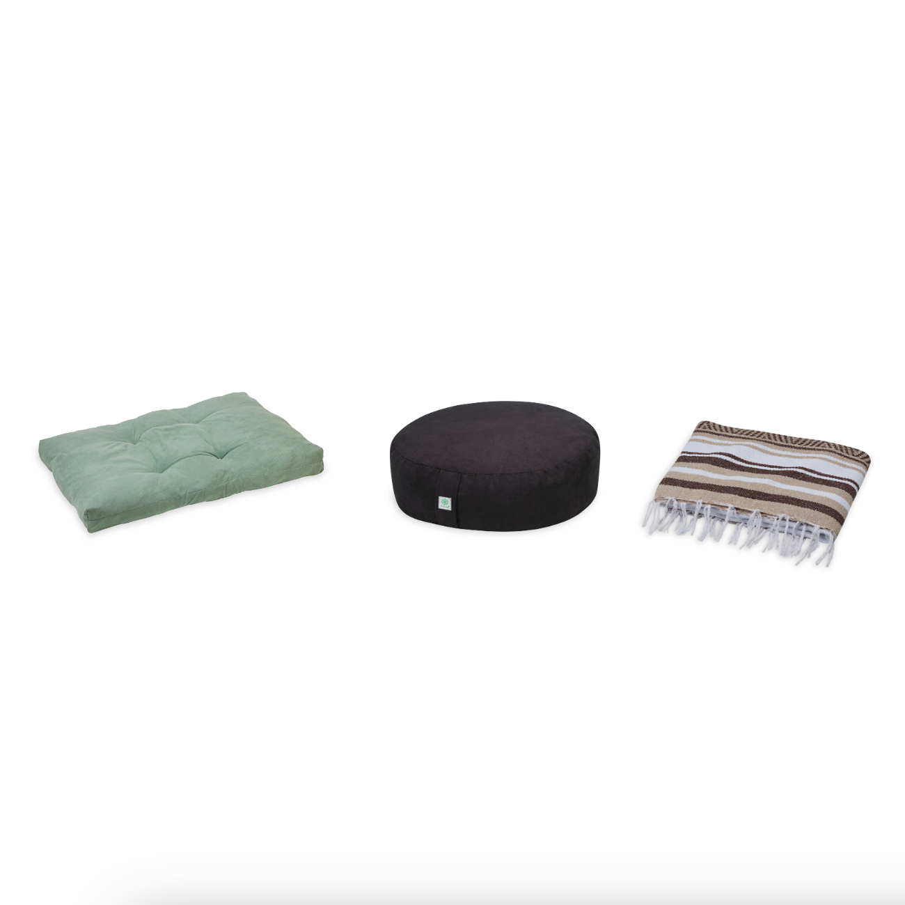 Meditation Bundle - Zabuton (Sage), Zafu (Black), Blanket (Tan/Brown)